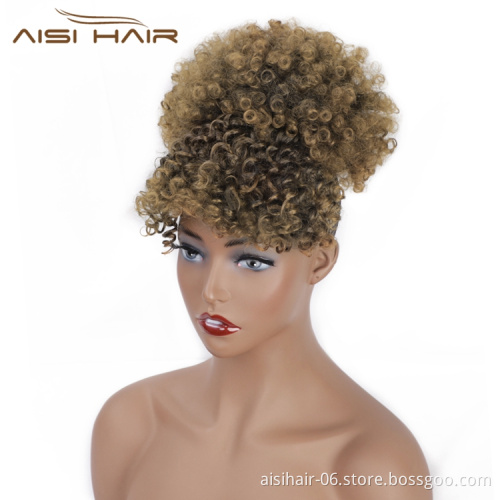 Aisi Hair Cheap Short Afro Puff Ponytail With Bangs Kinky Curly Hair Bun For Women Wrap Drawstring Updo Hair Extensions